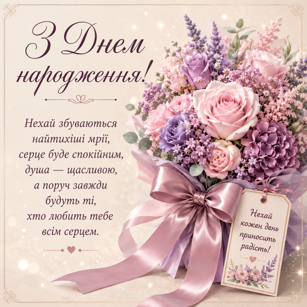 картинка 1 Найкращі зворушливі привітання з Днем народження для жінки своїми словами. Щирі, душевні тексти у прозі та короткі побажання, що торкаються серця.