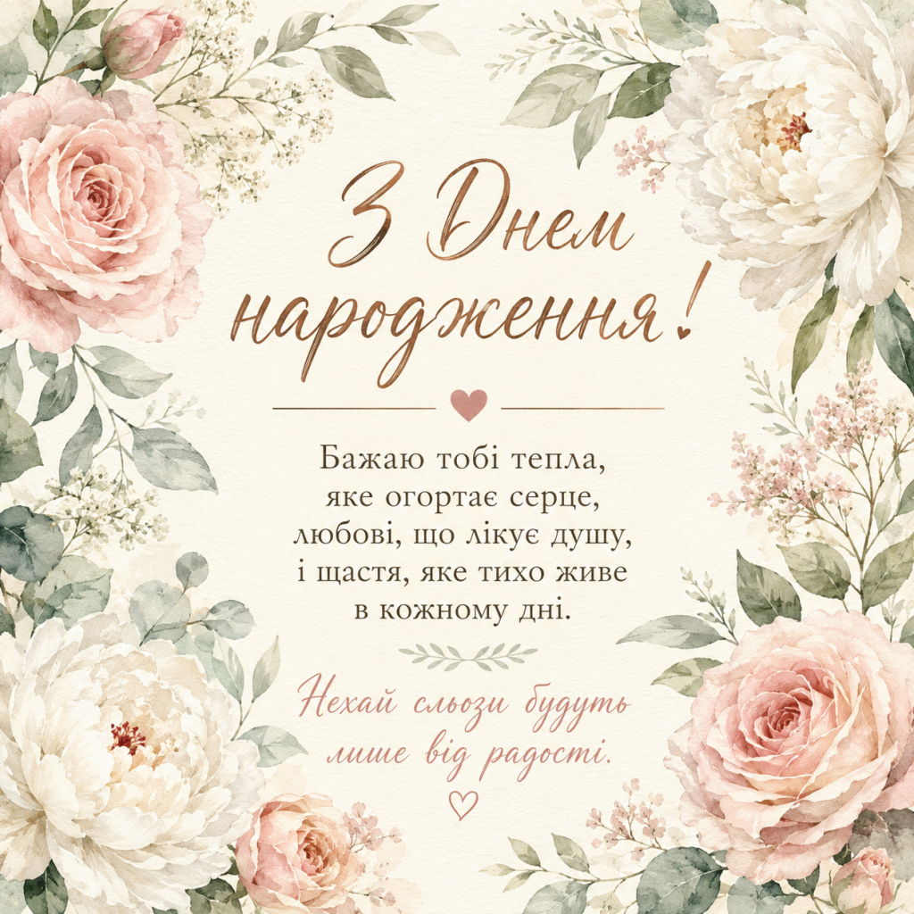 картинка 4 Найкращі зворушливі привітання з Днем народження для жінки своїми словами. Щирі, душевні тексти у прозі та короткі побажання, що торкаються серця.